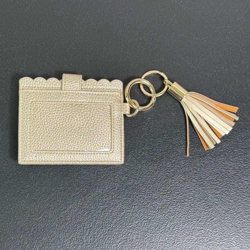 Nanette Lepore Metallic Champagne Gold Scalloped Card Holder Keychain Tassel